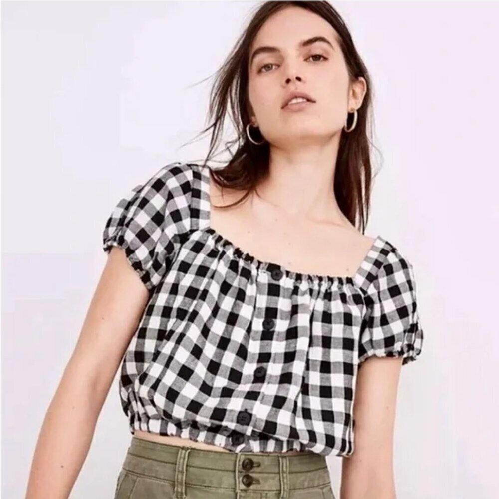 Madewell Gingham Black & White Cropped Puff Sleeve Square Neck Button Top Small